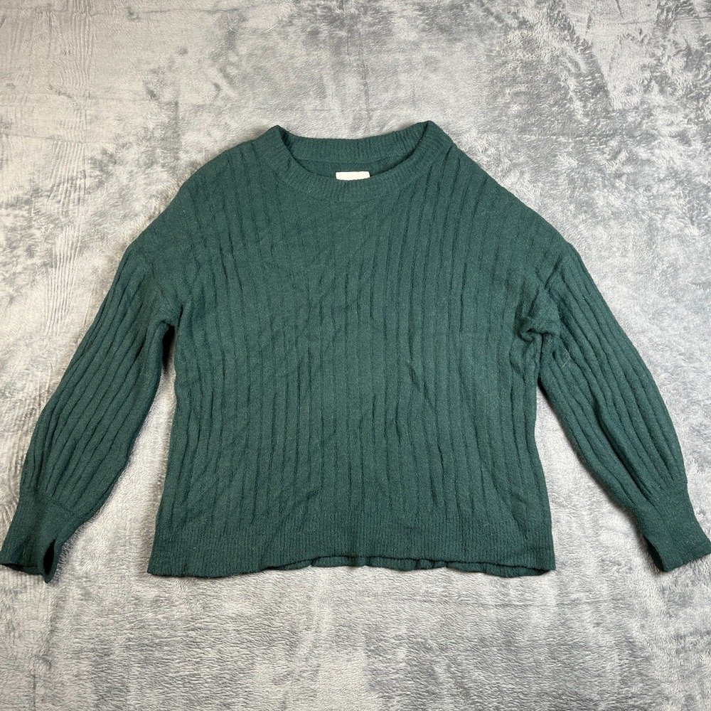 Aerie Buttercream Crew Neck Sweater Womens XS Dark Green Ribbed Knit Oversized